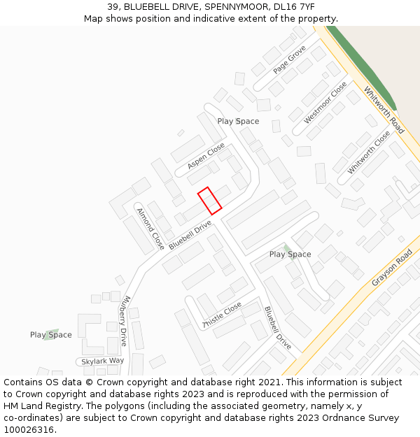 39, BLUEBELL DRIVE, SPENNYMOOR, DL16 7YF: Location map and indicative extent of plot