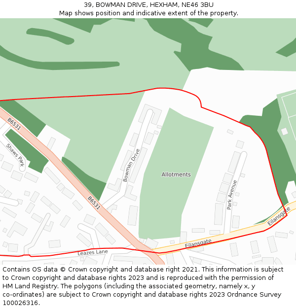 39, BOWMAN DRIVE, HEXHAM, NE46 3BU: Location map and indicative extent of plot