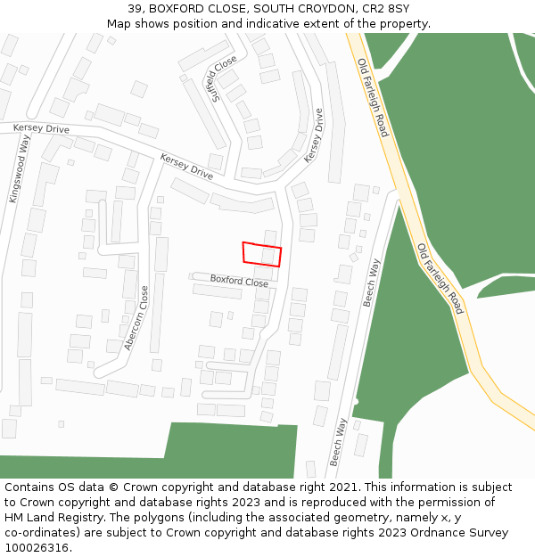 39, BOXFORD CLOSE, SOUTH CROYDON, CR2 8SY: Location map and indicative extent of plot