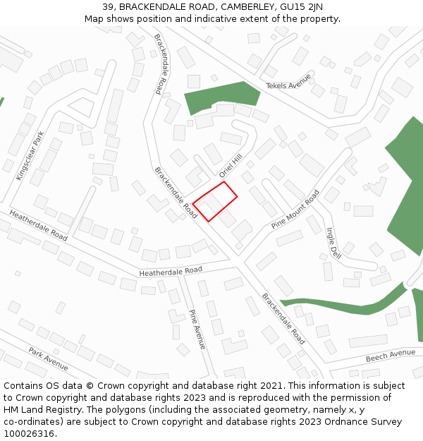 39, BRACKENDALE ROAD, CAMBERLEY, GU15 2JN: Location map and indicative extent of plot