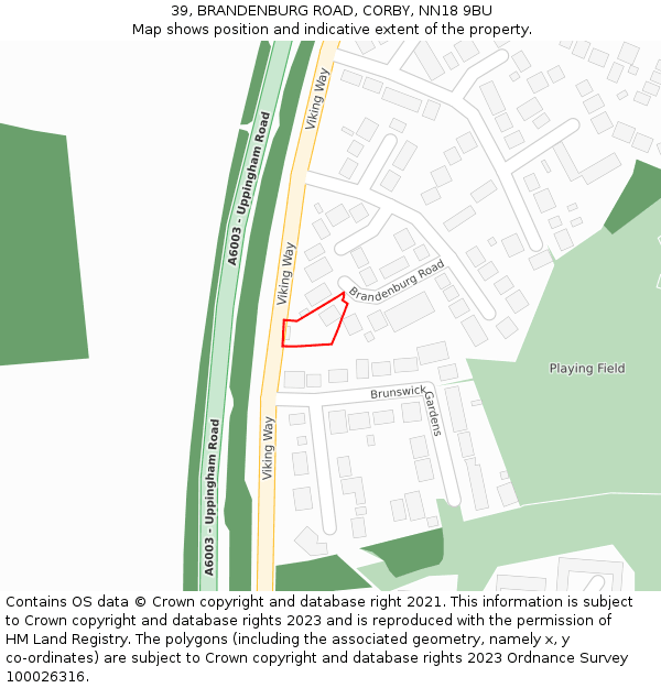 39, BRANDENBURG ROAD, CORBY, NN18 9BU: Location map and indicative extent of plot