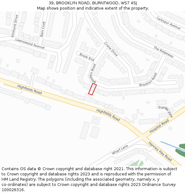 39, BROOKLYN ROAD, BURNTWOOD, WS7 4SJ: Location map and indicative extent of plot