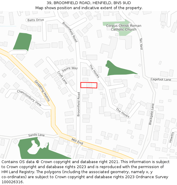 39, BROOMFIELD ROAD, HENFIELD, BN5 9UD: Location map and indicative extent of plot