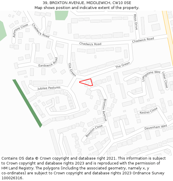 39, BROXTON AVENUE, MIDDLEWICH, CW10 0SE: Location map and indicative extent of plot