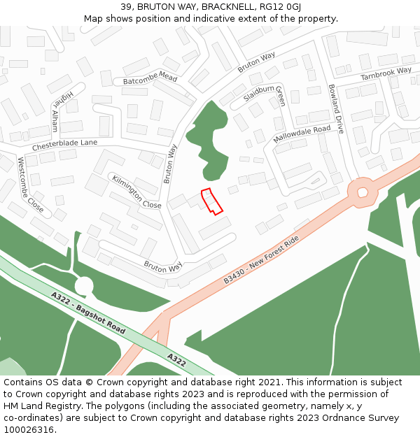 39, BRUTON WAY, BRACKNELL, RG12 0GJ: Location map and indicative extent of plot