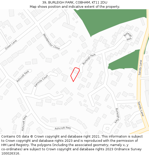 39, BURLEIGH PARK, COBHAM, KT11 2DU: Location map and indicative extent of plot