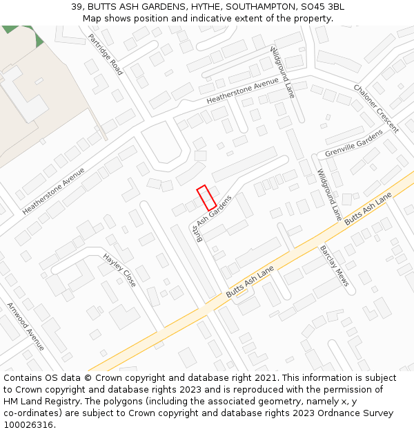 39, BUTTS ASH GARDENS, HYTHE, SOUTHAMPTON, SO45 3BL: Location map and indicative extent of plot