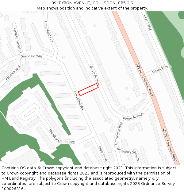 39, BYRON AVENUE, COULSDON, CR5 2JS: Location map and indicative extent of plot