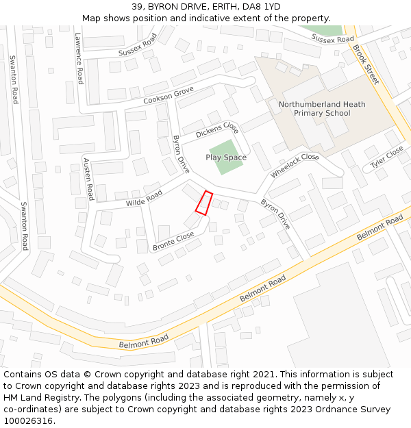 39, BYRON DRIVE, ERITH, DA8 1YD: Location map and indicative extent of plot