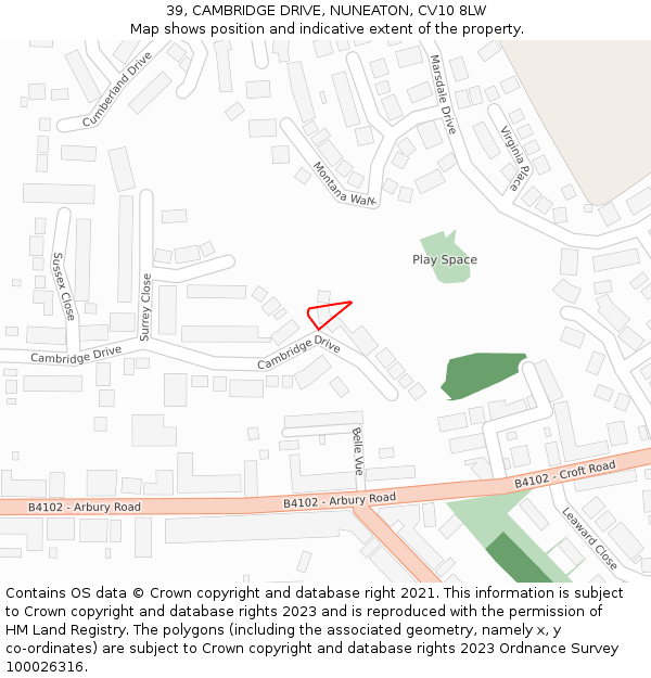 39, CAMBRIDGE DRIVE, NUNEATON, CV10 8LW: Location map and indicative extent of plot