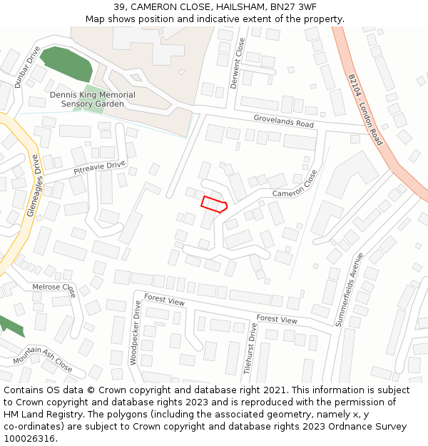39, CAMERON CLOSE, HAILSHAM, BN27 3WF: Location map and indicative extent of plot