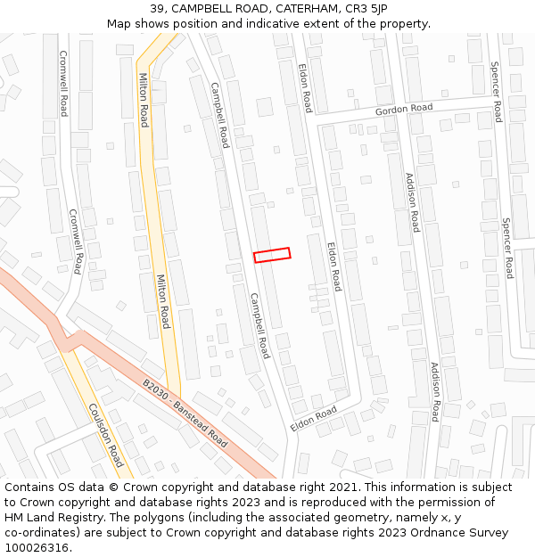 39, CAMPBELL ROAD, CATERHAM, CR3 5JP: Location map and indicative extent of plot