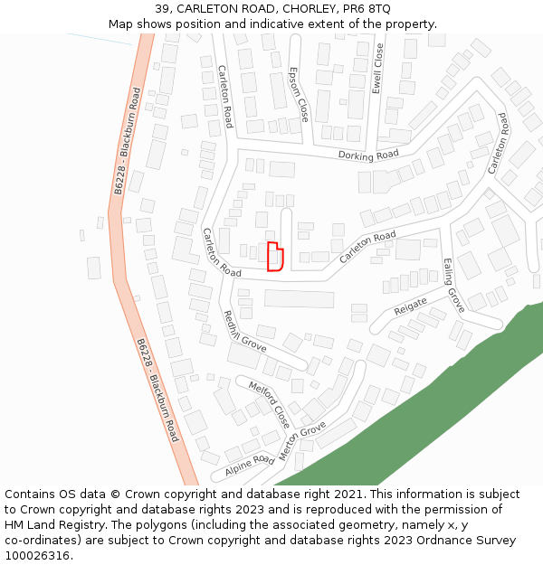 39, CARLETON ROAD, CHORLEY, PR6 8TQ: Location map and indicative extent of plot