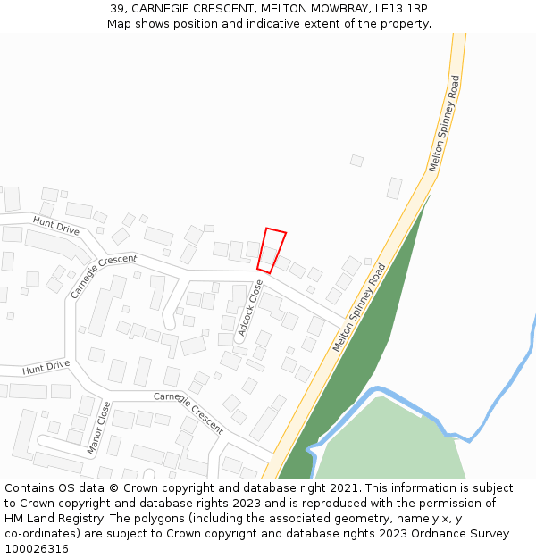 39, CARNEGIE CRESCENT, MELTON MOWBRAY, LE13 1RP: Location map and indicative extent of plot