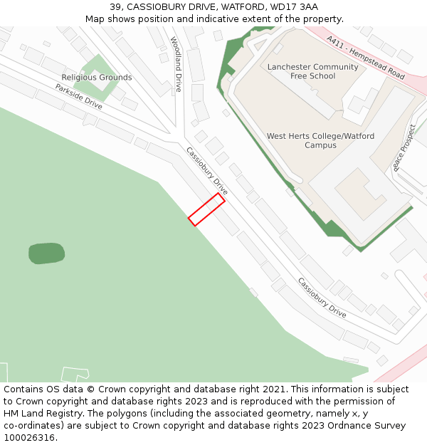 39, CASSIOBURY DRIVE, WATFORD, WD17 3AA: Location map and indicative extent of plot