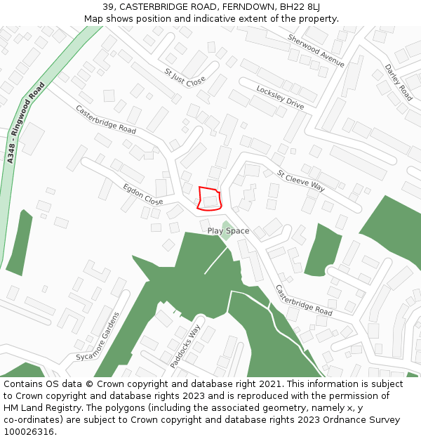 39, CASTERBRIDGE ROAD, FERNDOWN, BH22 8LJ: Location map and indicative extent of plot