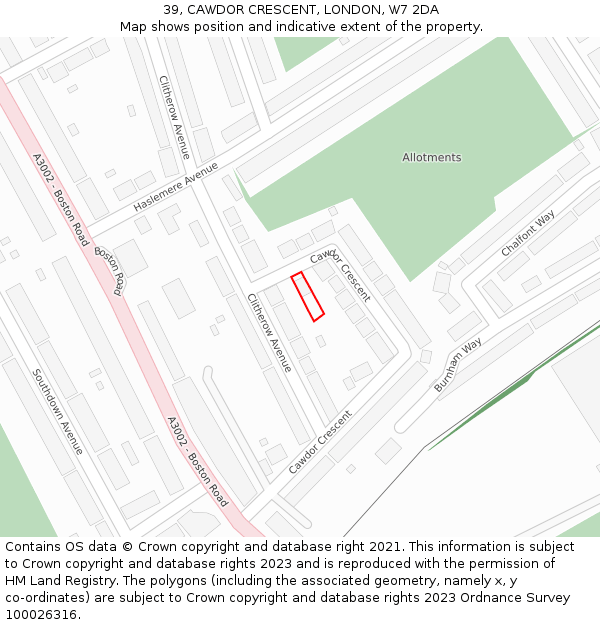 39, CAWDOR CRESCENT, LONDON, W7 2DA: Location map and indicative extent of plot