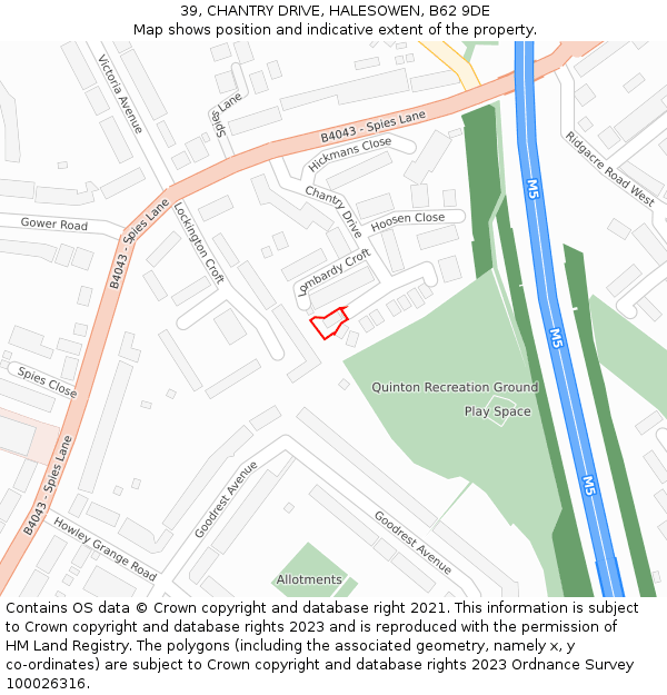 39, CHANTRY DRIVE, HALESOWEN, B62 9DE: Location map and indicative extent of plot