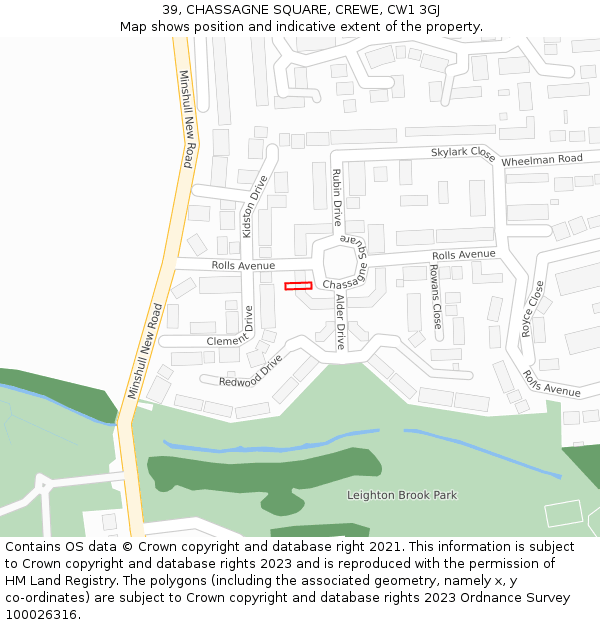 39, CHASSAGNE SQUARE, CREWE, CW1 3GJ: Location map and indicative extent of plot