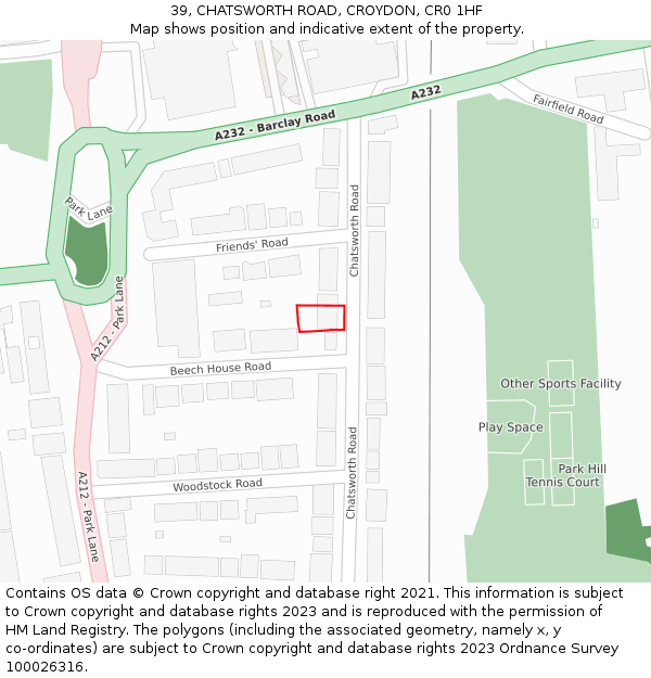 39, CHATSWORTH ROAD, CROYDON, CR0 1HF: Location map and indicative extent of plot