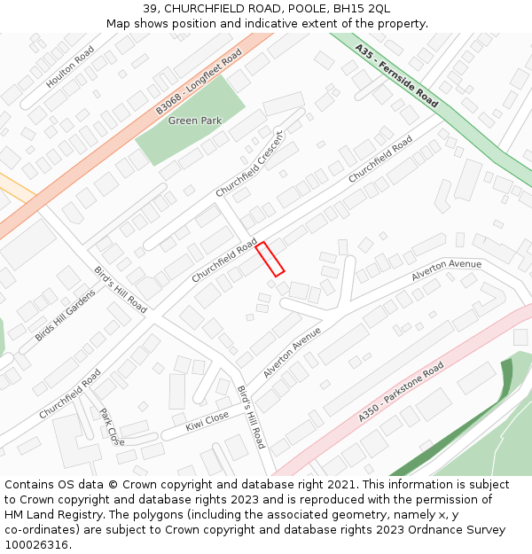 39, CHURCHFIELD ROAD, POOLE, BH15 2QL: Location map and indicative extent of plot