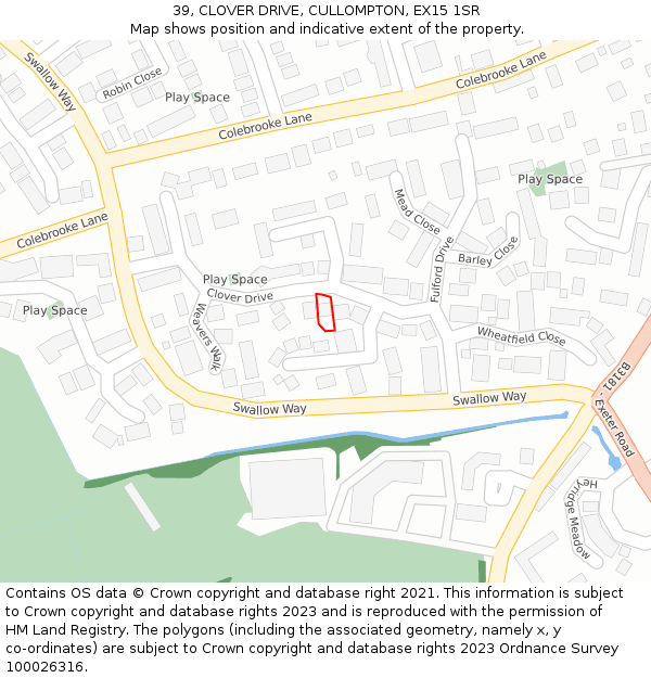 39, CLOVER DRIVE, CULLOMPTON, EX15 1SR: Location map and indicative extent of plot