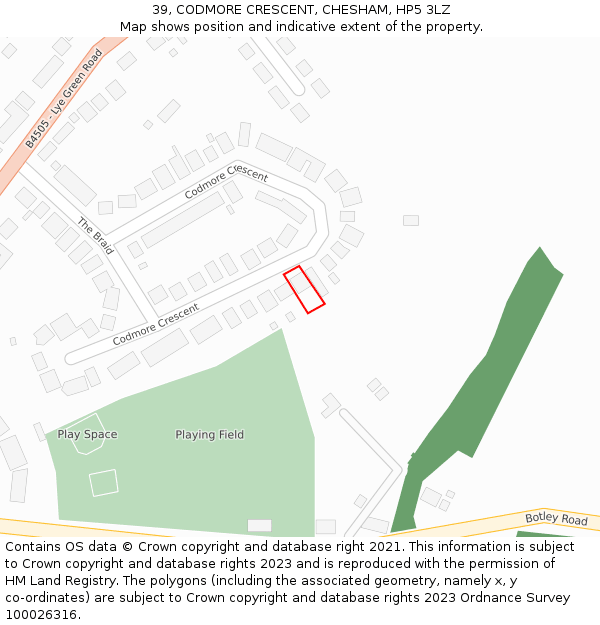 39, CODMORE CRESCENT, CHESHAM, HP5 3LZ: Location map and indicative extent of plot