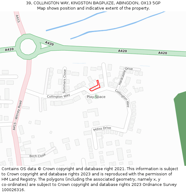 39, COLLINGTON WAY, KINGSTON BAGPUIZE, ABINGDON, OX13 5GP: Location map and indicative extent of plot