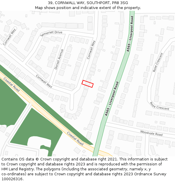 39, CORNWALL WAY, SOUTHPORT, PR8 3SG: Location map and indicative extent of plot