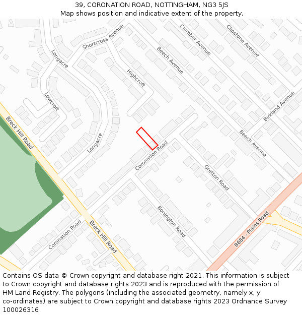 39, CORONATION ROAD, NOTTINGHAM, NG3 5JS: Location map and indicative extent of plot