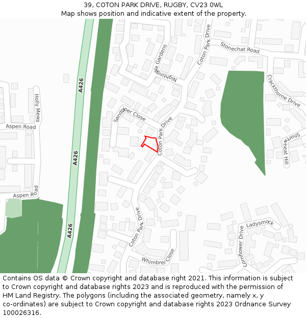 39, COTON PARK DRIVE, RUGBY, CV23 0WL: Location map and indicative extent of plot