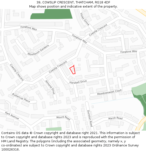 39, COWSLIP CRESCENT, THATCHAM, RG18 4DF: Location map and indicative extent of plot