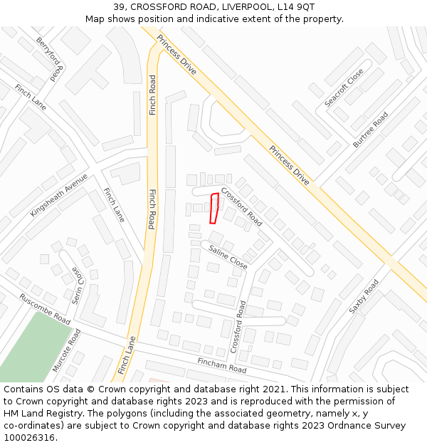 39, CROSSFORD ROAD, LIVERPOOL, L14 9QT: Location map and indicative extent of plot