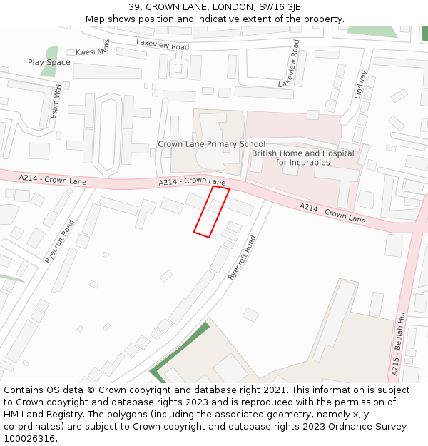 39, CROWN LANE, LONDON, SW16 3JE: Location map and indicative extent of plot