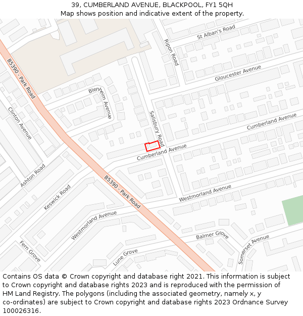 39, CUMBERLAND AVENUE, BLACKPOOL, FY1 5QH: Location map and indicative extent of plot