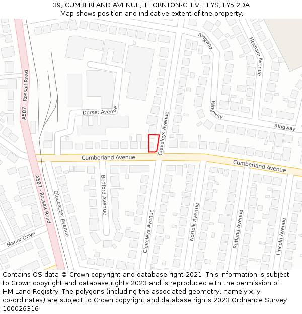39, CUMBERLAND AVENUE, THORNTON-CLEVELEYS, FY5 2DA: Location map and indicative extent of plot