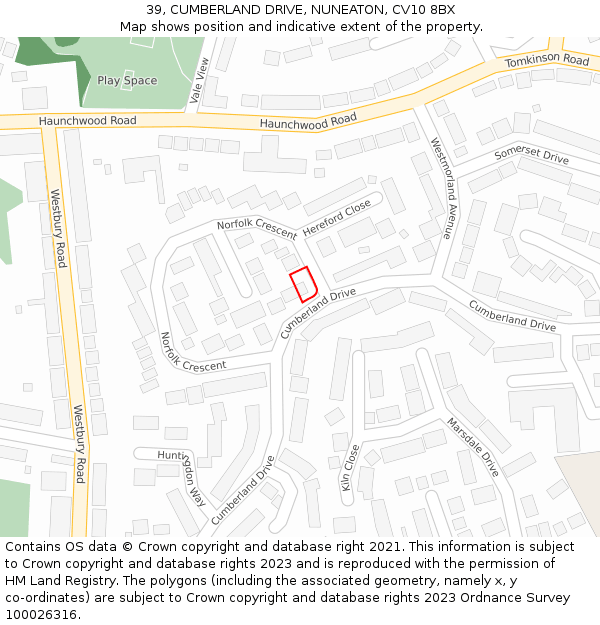 39, CUMBERLAND DRIVE, NUNEATON, CV10 8BX: Location map and indicative extent of plot