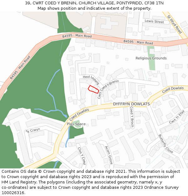 39, CWRT COED Y BRENIN, CHURCH VILLAGE, PONTYPRIDD, CF38 1TN: Location map and indicative extent of plot