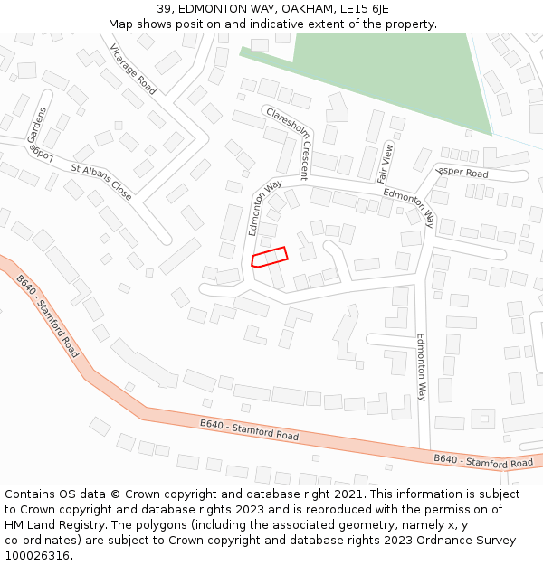 39, EDMONTON WAY, OAKHAM, LE15 6JE: Location map and indicative extent of plot