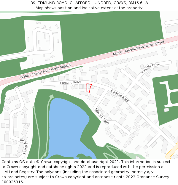 39, EDMUND ROAD, CHAFFORD HUNDRED, GRAYS, RM16 6HA: Location map and indicative extent of plot