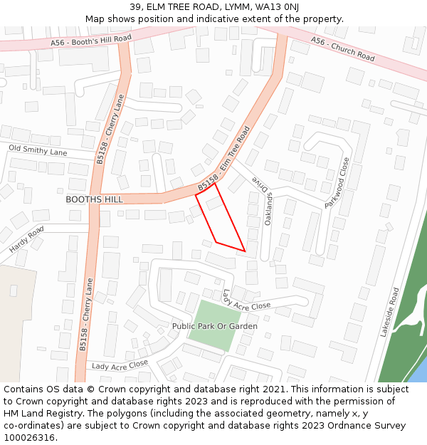 39, ELM TREE ROAD, LYMM, WA13 0NJ: Location map and indicative extent of plot
