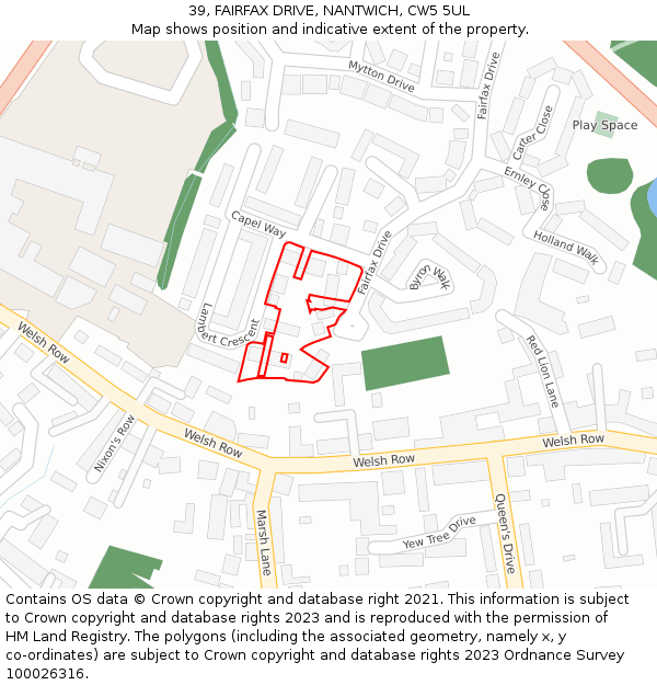 39, FAIRFAX DRIVE, NANTWICH, CW5 5UL: Location map and indicative extent of plot