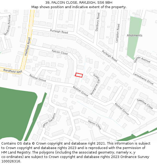 39, FALCON CLOSE, RAYLEIGH, SS6 9BH: Location map and indicative extent of plot