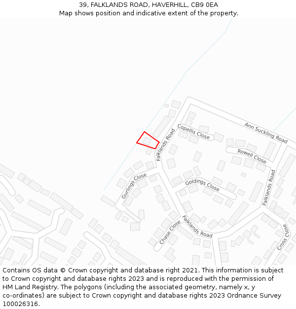 39, FALKLANDS ROAD, HAVERHILL, CB9 0EA: Location map and indicative extent of plot