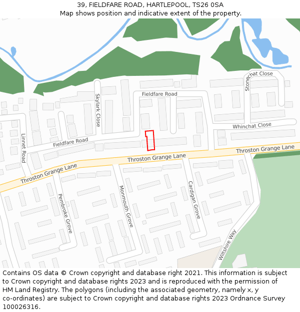 39, FIELDFARE ROAD, HARTLEPOOL, TS26 0SA: Location map and indicative extent of plot