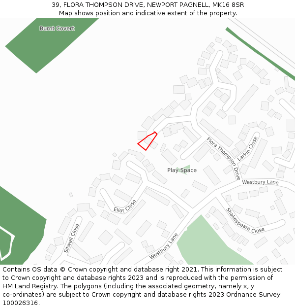 39, FLORA THOMPSON DRIVE, NEWPORT PAGNELL, MK16 8SR: Location map and indicative extent of plot