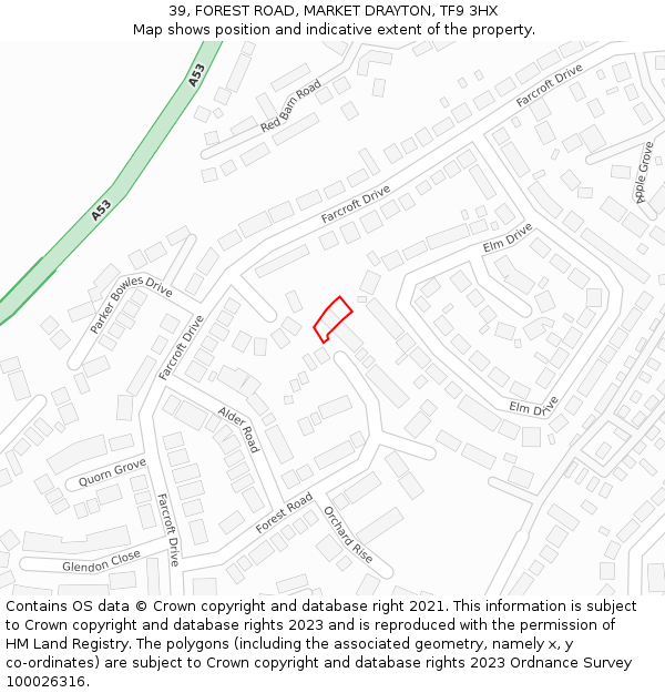 39, FOREST ROAD, MARKET DRAYTON, TF9 3HX: Location map and indicative extent of plot