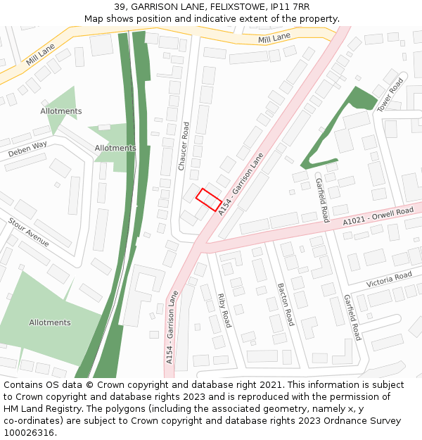 39, GARRISON LANE, FELIXSTOWE, IP11 7RR: Location map and indicative extent of plot