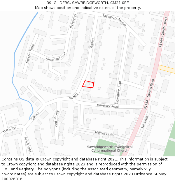 39, GILDERS, SAWBRIDGEWORTH, CM21 0EE: Location map and indicative extent of plot
