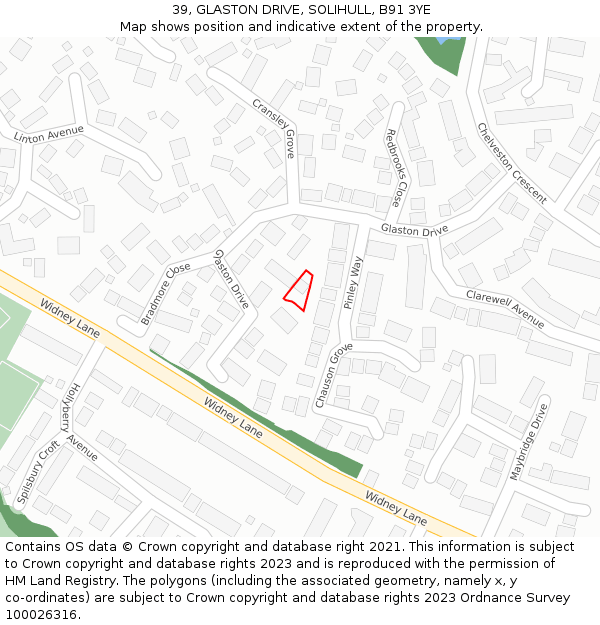 39, GLASTON DRIVE, SOLIHULL, B91 3YE: Location map and indicative extent of plot